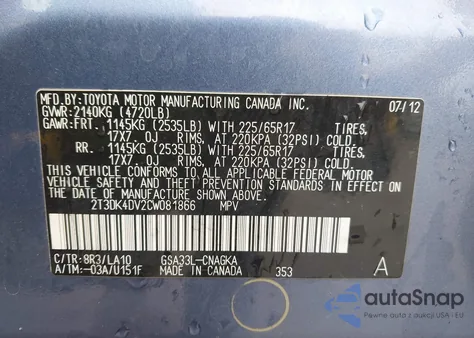 2012 Toyota Rav4 Limited V6 из США, поврежденный, VIN 2T3DK4DV2CW081866